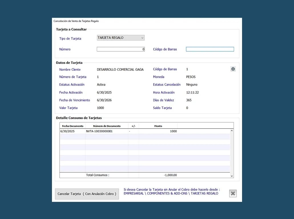 Cancelacion de Venta de Tarajeta Regalo