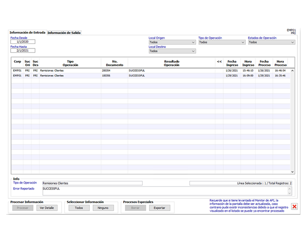 Información de entrada APIs