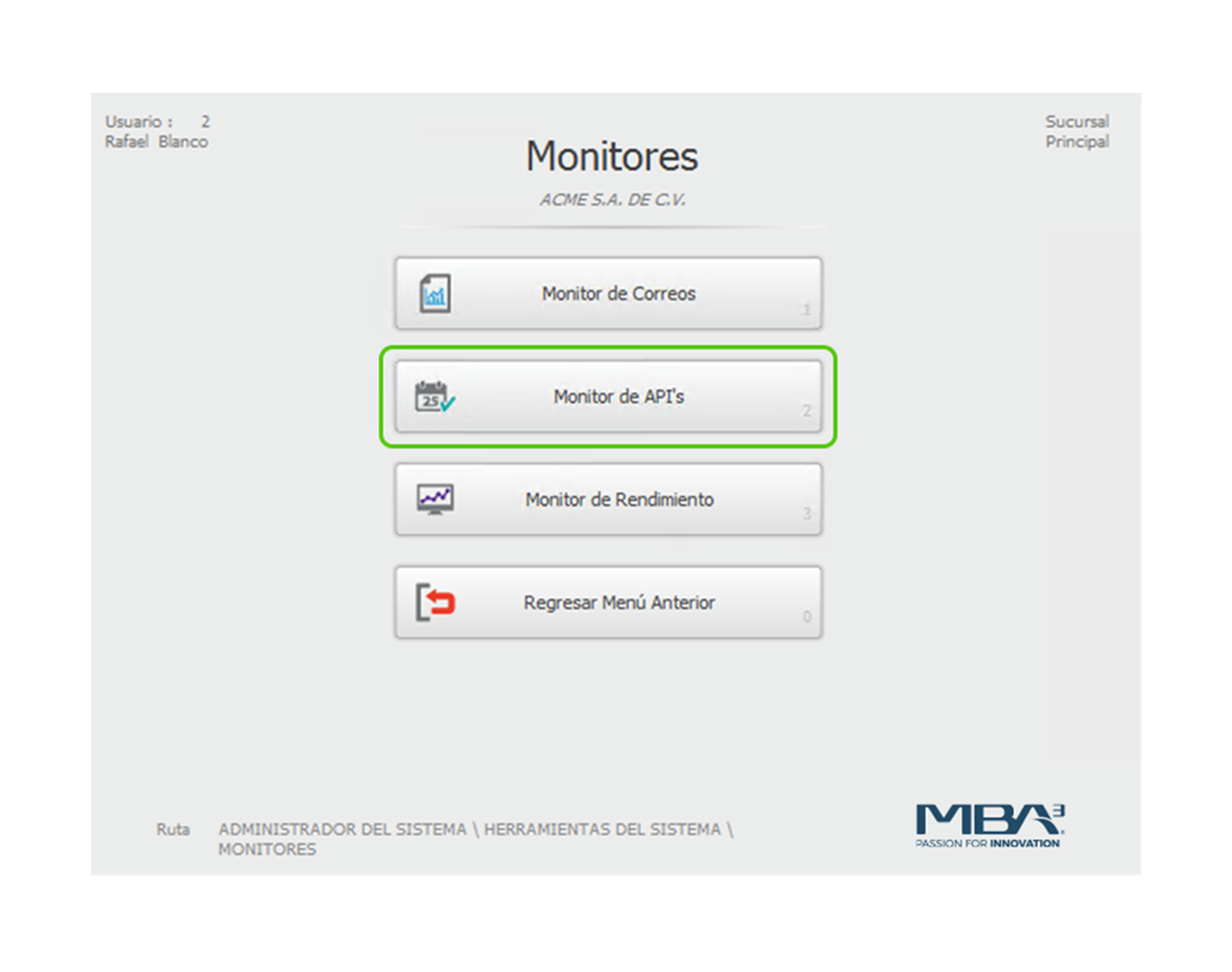 Menú Monitor de APIs